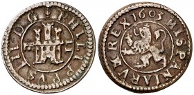 1603. Felipe III. Segovia. 2 maravedís. (Cal. 835). 1,69 g. Atractiva. MBC+.