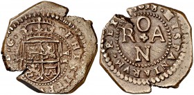 1618. Felipe III. Toledo. 2 maravedís. (Cal. 895). 5,46 g. Acuñada para el comercio de Orán. Grieta, pero extraordinario ejemplar. Muy rara así. MBC+....