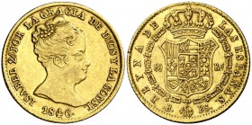 1846. Isabel II. Barcelona. PS. 80 reales. (Cal. 64). 6,73 g. Leves marquitas. Precioso color. Escasa así. EBC-/EBC.