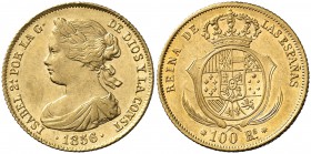 1856. Isabel II. Barcelona. 100 reales. (Cal. 9). 8,41 g. Parte de brillo original. Ex Colección Permanyer 28/04/2016, nº 658. Rara. EBC-/EBC.