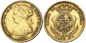 1858. Isabel II. Madrid. 100 reales. (Cal. 23). 8,31 g. Golpecitos. Escasa. MBC-/MBC.
