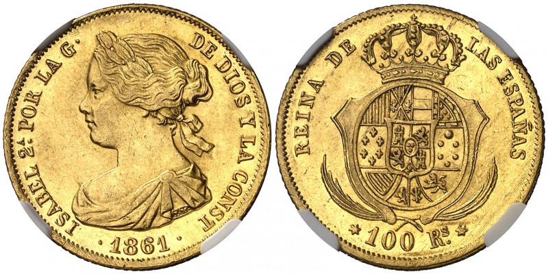 1861. Isabel II. Madrid. 100 reales. (Cal. 26). En cápsula de la NGC como MS64, ...