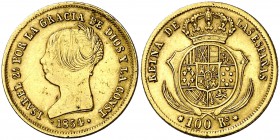 1854. Isabel II. Sevilla. 100 reales. (Cal. 32). 8,31 g. Golpecitos. Escasa. MBC/MBC+.