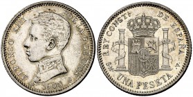 1905*1905. Alfonso XIII. SMV. 1 peseta. (Cal. 51). 5 g. Bella. Brillo original. Rara y más así. EBC+.