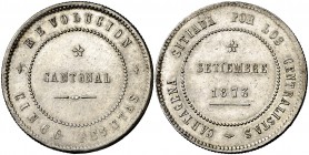 1873. Revolución Cantonal. Cartagena. 5 pesetas. (Cal. 5a). 27,78 g. Reverso no coincidente. 80 perlas en la gráfila del anverso y 85 en la del revers...