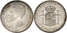 1877*1877. Alfonso XII. DEM. 5 pesetas. (Cal. 28). 25,15 g. Parte de brillo original. Escasa así. EBC-.