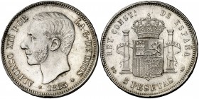 1885*1885. Alfonso XII. MSM. 5 pesetas. (Cal. 40). 25 g. Leves golpecitos. Atractiva. Escasa así. (EBC).