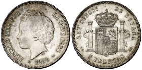 1892*1892. Alfonso XIII. PGM. 5 pesetas. (Cal. 19). 24,89 g. Tipo "bucles". Leves golpecitos. Preciosa pátina. Escasa así. EBC-.