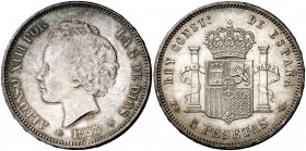 1893*1893. Alfonso XIII. PGL. 5 pesetas. (Cal. 21). 25,02 g. Leves marquitas. Bonita pátina. Escasa así. EBC-.