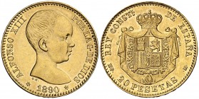 1890*1890. Alfonso XIII. MPM. 20 pesetas. (Cal. 5). 6,43 g. Golpecito. Bella. Ex Áureo & Calicó 24/05/2017, nº 2694. Escasa así. EBC+.