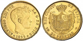1899*1899. Alfonso XIII. SMV. 20 pesetas. (Cal. 7). 6,43 g. Golpecitos. EBC-.