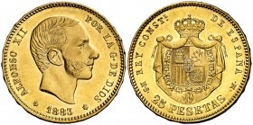 1883*1883. Alfonso XII. MSM. 25 pesetas. (Cal. 18). 8,08 g. Golpecitos. Escasa. EBC-.