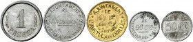 L'Ametlla del Vallès. 25, 50 céntimos (2) y 1 peseta (2). (Cal. 1) (T. 199 a 203). Cinco monedas, serie completa. Escasas. MBC/EBC.