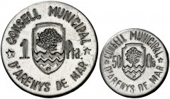 Arenys de Mar. Consejo Municipal. 50 céntimos y 1 peseta. (Cal. 3). Dos monedas, serie completa. Bellas. Raras así. S/C-.