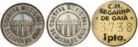 Segarra de Gaià. 1 peseta. (Cal. 18). Tres monedas, serie completa. Escasas. MBC+/EBC-.