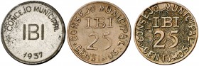 Ibi. 25 céntimos (2) y 1 peseta. (Cal. 8). Tres monedas, serie completa. Escasas. MBC/EBC-.