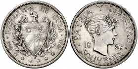 1897. Cuba. 1 peso souvenir. (UWC. XM3). 22,52 g. AG. Rara. EBC.