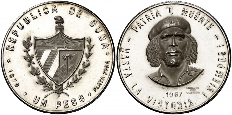 1970. Cuba. 1 peso. (Kr. falta). 29,17 g. AG. Che Guevara. MUESTRA en canto. Rar...