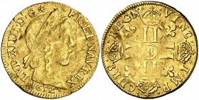 1652. Francia. Luis XIV. B (Rouen). 1 luis d'or. (Fr. 418). 6,71 g. AU. Golpecitos. Rara. (MBC+).
