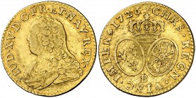 1726. Francia. Luis XV. B (Rouen). 1 luis d'or. (Fr. 461). 8,07 g. AU. Escasa. MBC-.