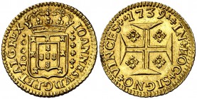 1739. Portugal. Juan V. Lisboa. 1000 reis. (Fr. 98) (Gomes 88.23). 2,67 g. AU. Bella. Escasa así. S/C-.