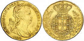 1822. Portugal. Juan VI. 2 escudos (3200 reis). (Fr. 129) (Gomes 17.06). 6,79 g. AU. Cuatro perforaciones repatadas. Escasa. (MBC-).