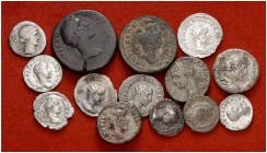 Lote de 1 sestercio y 9 denarios, uno republicano, se incluyen 3 tetradracmas de Alejandría y 1 bronce colonial. Total 14 monedas. A examinar. BC+/MBC...