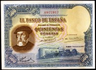 1935. 500 pesetas. (Ed. C16). 7 de enero, Hernán Cortés. Algunos grumos en el papel. Leve doblez. Buen ejemplar. Raro. EBC-.