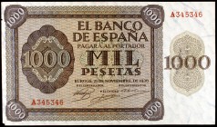 1936. Burgos. 1000 pesetas. (Ed. D24). 21 de noviembre. Serie A. Mínimas roturas pero buen ejemplar con apresto. Raro. MBC+.