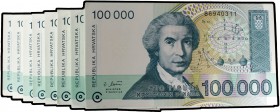 1993. Croacia. 100.000 dinara. (Pick 27). 30 de mayo, R. Boskonic. Lote de más de 800 billetes. S/C-/S/C.