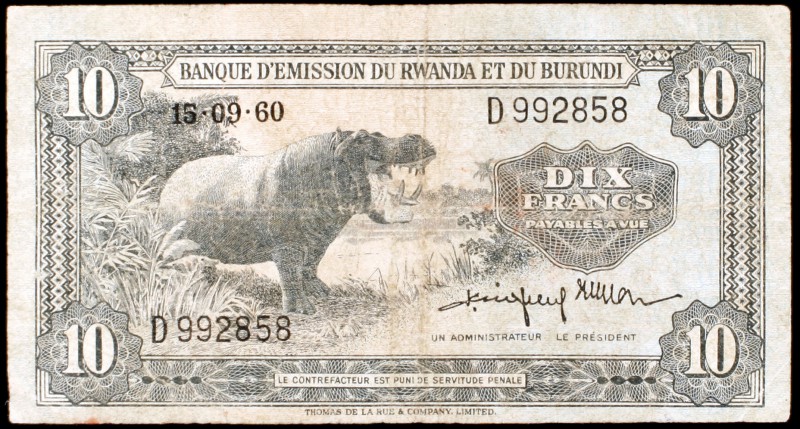 1960. Ruanda-Burundi. Banque d'Emissión du Rwanda et du Burundi. 10 francos. (Pi...