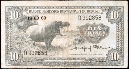 1960. Ruanda-Burundi. Banque d'Emissión du Rwanda et du Burundi. 10 francos. (Pick 2). 15 de septiembre. Raro. BC+.