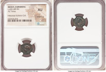 SICILY. Camarina. Ca. 420-405 BC. AE tetras (14mm, 8h). NGC AU, smoothing. Head of Athena to left, wearing crested Attic helmet / Owl standing to left...