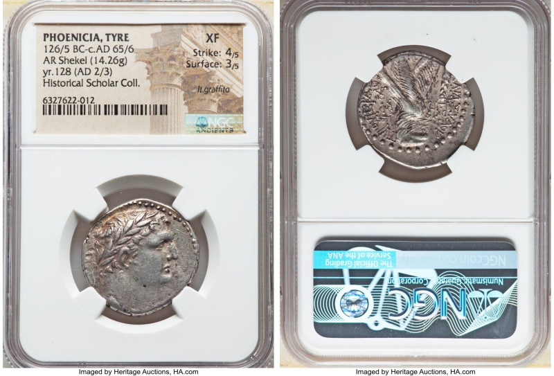 PHOENICIA. Tyre. Ca. 126/5 BC-AD 65/6. AR shekel (26mm, 14.26 gm, 12h). NGC XF 4...