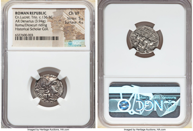 Cn. Lucretius Trio (ca. 136 BC). AR denarius (20mm, 3.94 gm, 1h). NGC Choice VF ...