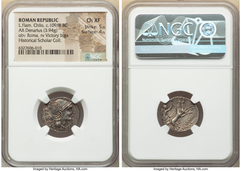 L. Flaminius Chilo (ca. 109-108 BC). AR denarius (19mm, 3.94 gm, 11h). NGC Choic...