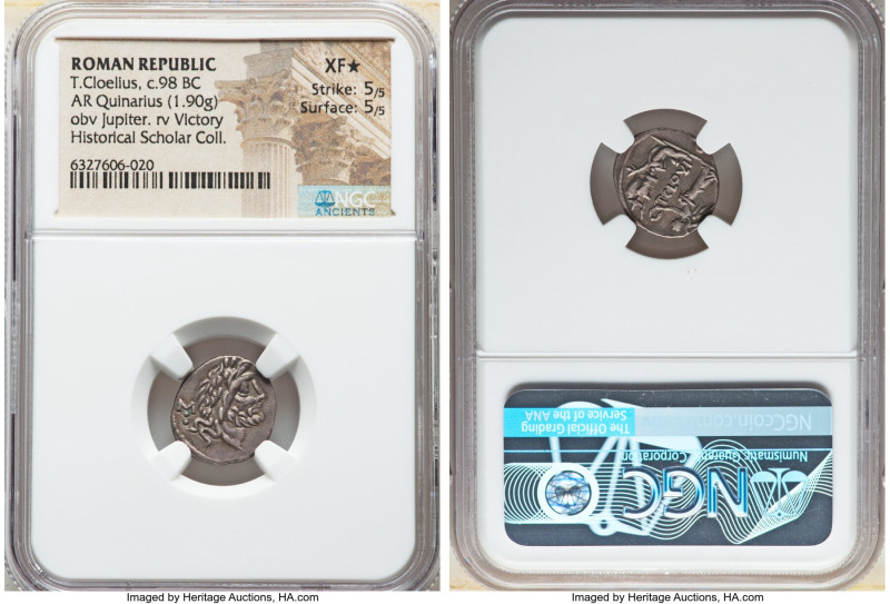 T. Cloelius (ca. 98 BC). AR quinarius (15mm, 1.90 gm, 1h). NGC XF S 5/5 - 5/5. R...