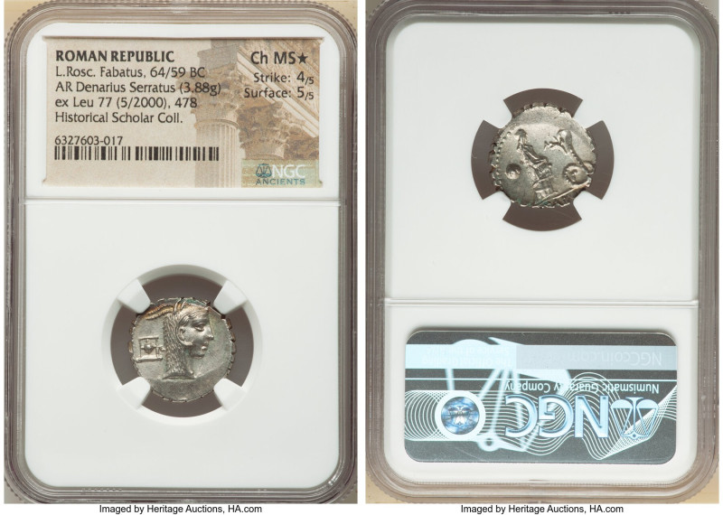 L. Roscius Fabatus (64/59 BC). AR serratus denarius (18mm, 3.88 gm, 5h). NGC Cho...