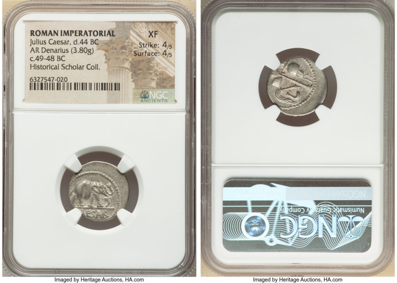 Julius Caesar, as Dictator (49-44 BC). AR denarius (19mm, 3.80 gm, 4h). NGC XF 4...