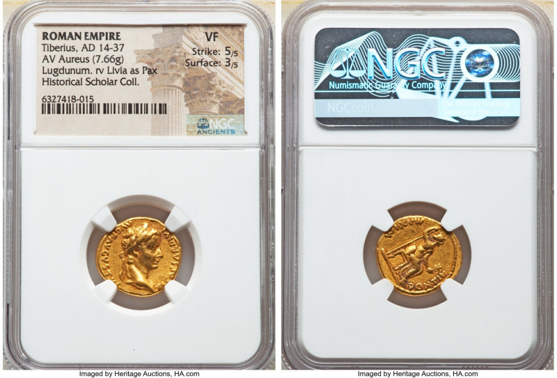 Tiberius (AD 14-37). AV aureus (19mm, 7.66 gm, 2h). NGC VF 5/5 - 3/5. Lugdunum, ...