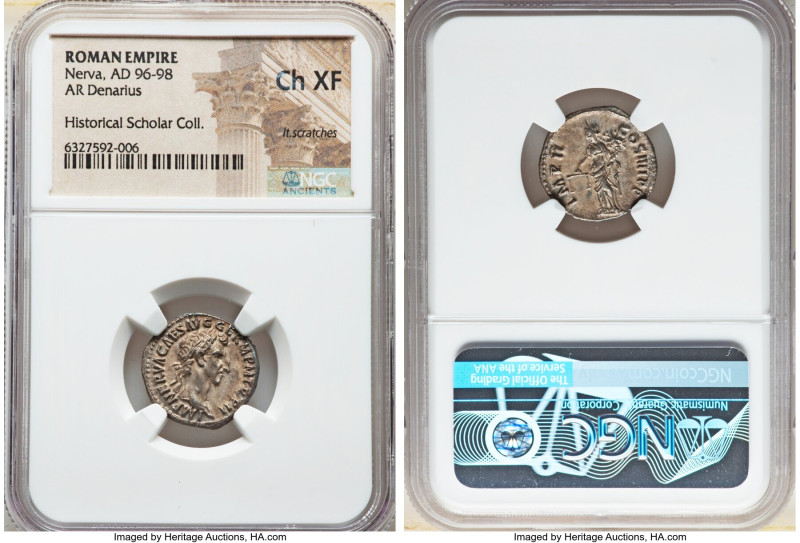 Nerva (AD 96-98). AR denarius (18mm, 5h). NGC Choice XF, light scratches. Rome, ...