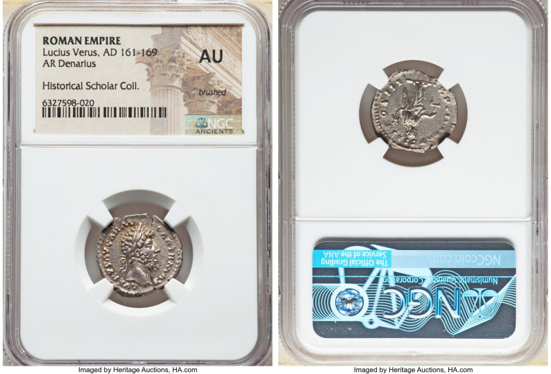 Lucius Verus, as Augustus (AD 161-169). AR denarius (19mm, 1h). NGC AU, brushed....