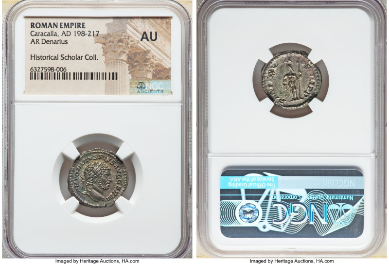 Caracalla, as Augustus (AD 198-217). AR denarius (19mm, 6h). NGC AU. Rome, AD 21...