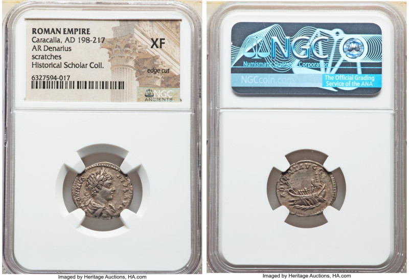 Caracalla, as Augustus (AD 198-217). AR denarius (18mm, 12h). NGC XF, edge cut, ...