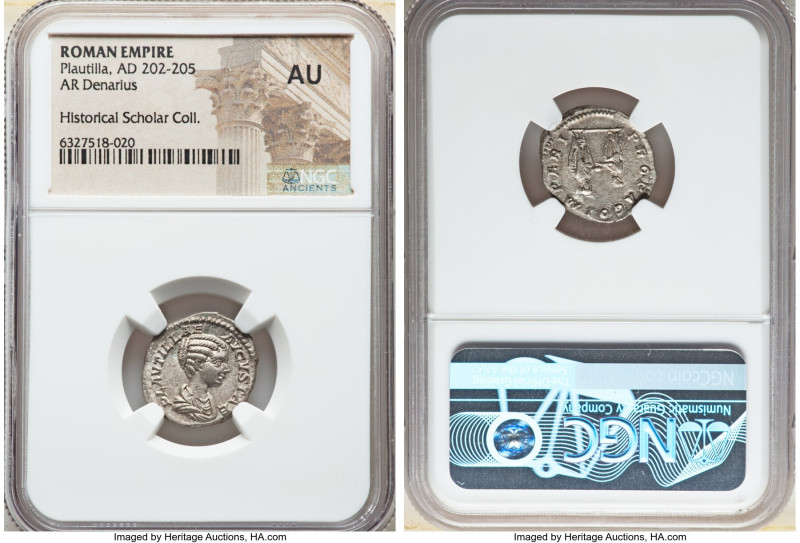 Plautilla (AD 202-205). AR denarius (18mm, 12h). NGC AU. Rome, AD 202. PLAVTILLA...