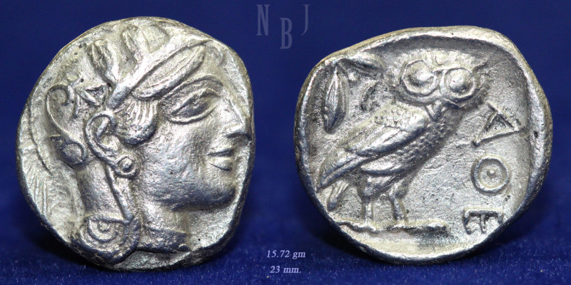 Greek Attica Athens, AR Tetradrachm ca. 454-404 BC, (15.72gm, 23mm). OBV: Helmet...