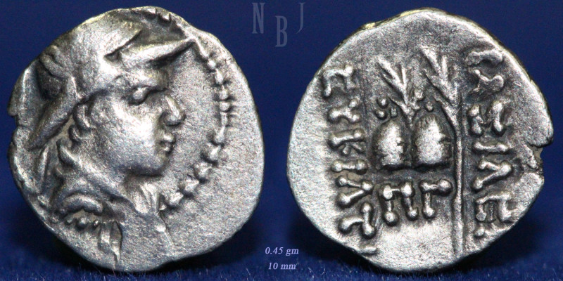 Bactria, Eucratides I. 171-135 B.C. AR Obol, Helmeted head Rv. Caps of the Diosc...