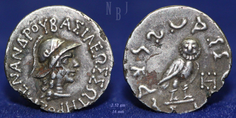 INDO-GREEK: Menander I, c. 160-130 BCE, Silver drachm, owl type. (2.52gm, 16mm)....