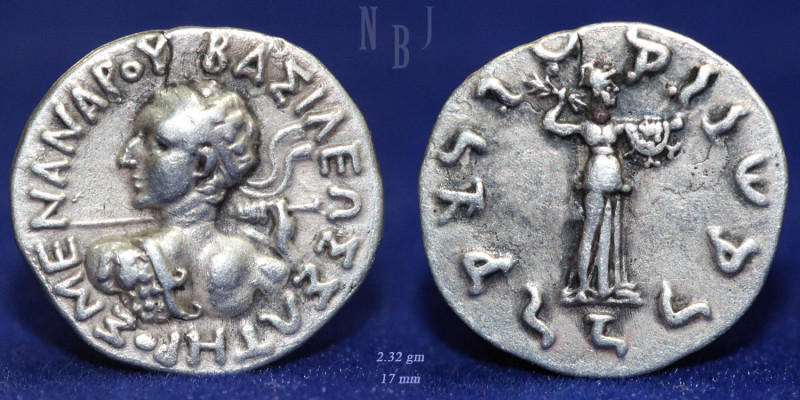 Indo Greeks, Menander I (155-130 BC), Silver Drachma, (2.32gm, 17mm). Obv: diade...