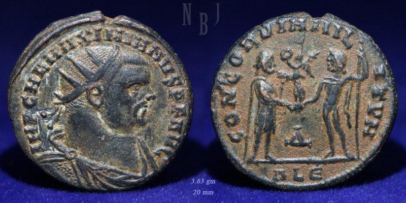 Roman Empire AE Follis, Maximianus, A.D. 295- 299. (3.63gm, 20mm). IMP C M A MAX...